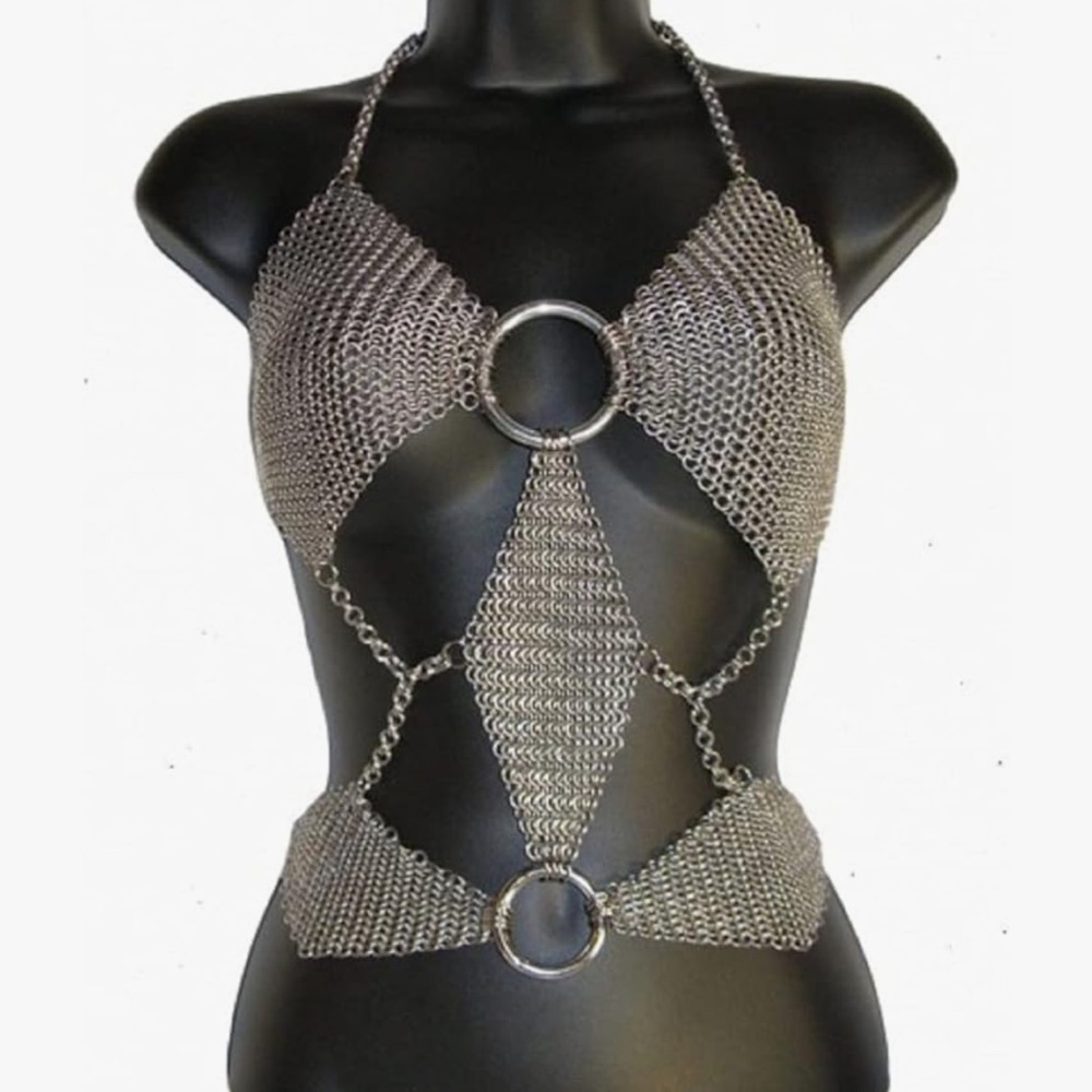 Silver metallic Top festival rave halter chain mail festival renaissance fair